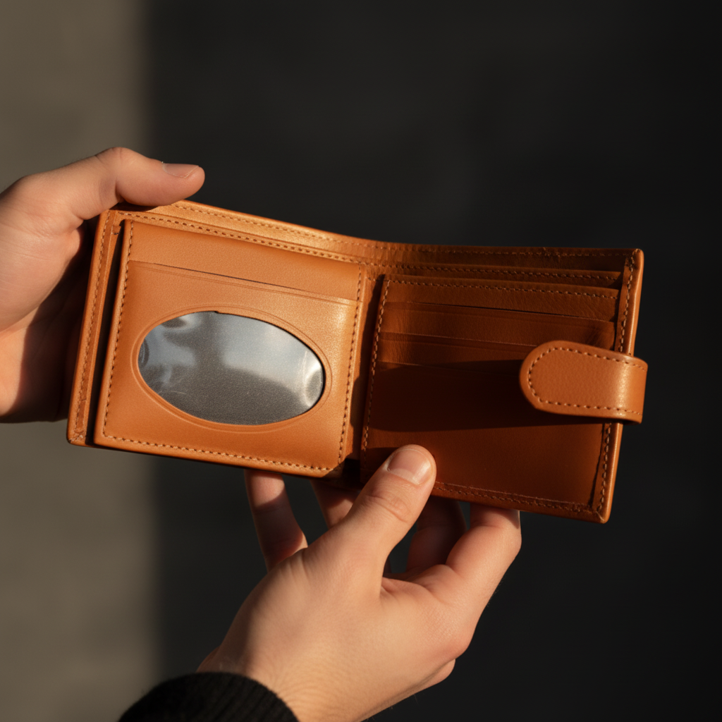 Elegance Slim Leather Wallet for Men front Light Copper treeleather Shoot With Men
