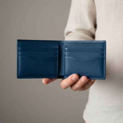 Mid Aqama Mens Wallet in Pakistan Beautiful Estoril Blue Open Folder Shoot With Man By treeleather